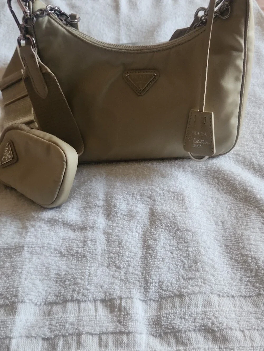 Prada Light Beige Nylon Shoulder Bag with Silver Chain